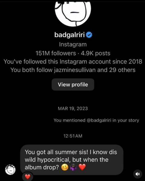 蕾哈娜私信GloRilla催发专辑 直言我知道这很虚伪